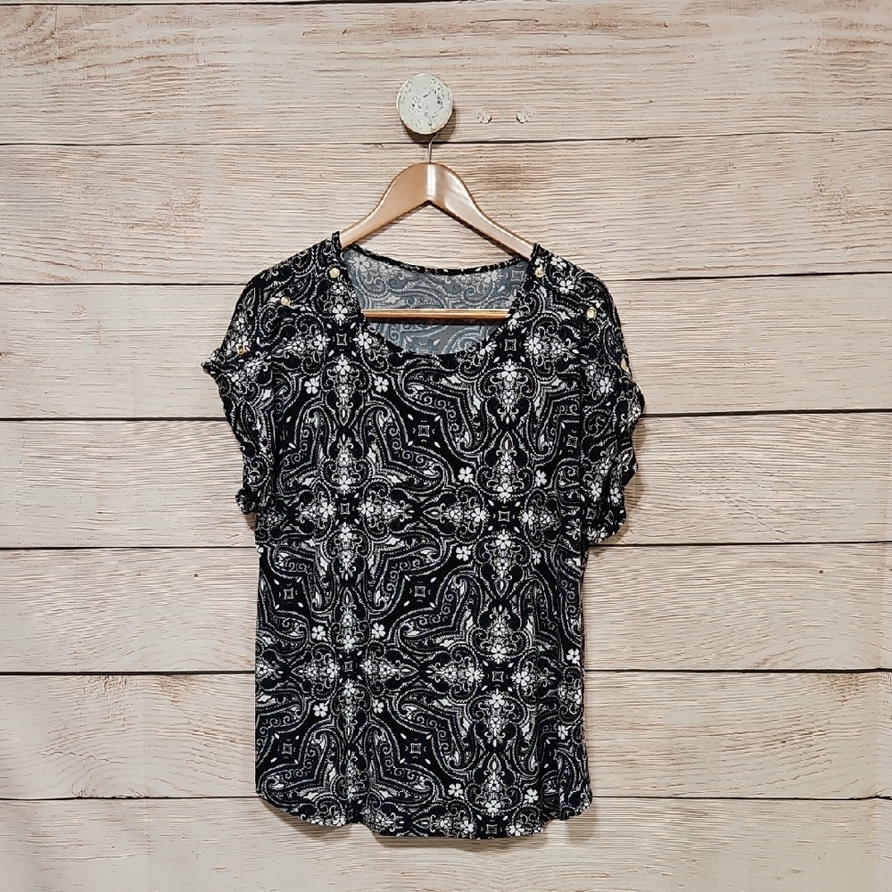 Jones & Co. Black and White Paisley Floral Women's Top XL
